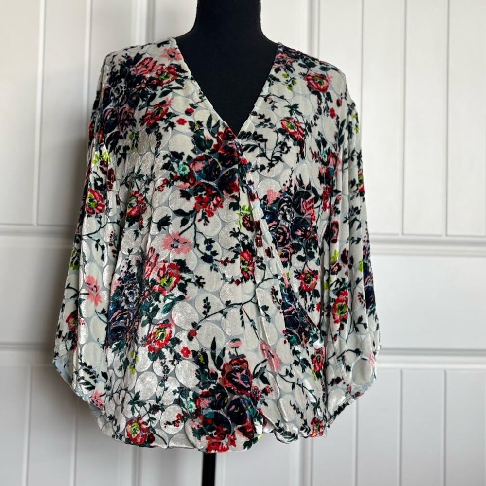 Maeve Ivory Floral Wrap Blouse with Pink, Red and Green Accents
